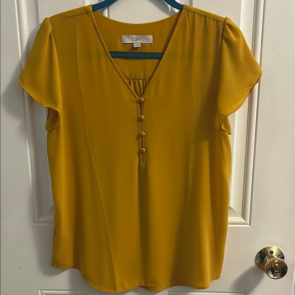 LOFT Yellow Flutter Sleeve Blouse with Buttoned Detail